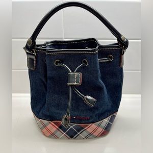 Tommy Hilfiger Plaid Denim Faux Leather Blue Small Hand Bag Purse Very Cute EUC